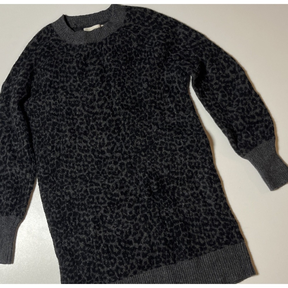 Loft Leopard Print Knit Sweater Dress Size S Gray Black Soft Playful Crew Neck